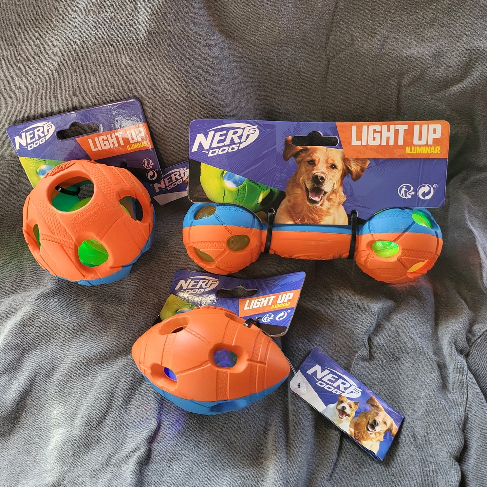NEW Nerf Dog Light-Up Fetch Toy Bundle | Ball + Football + Dumbbell - Picture 3 of 6